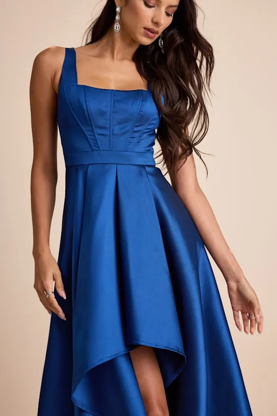 Wisola Blue Taffeta Pleated Corset High-Low Maxi Dress sold by Lulus product image thumbnail 2