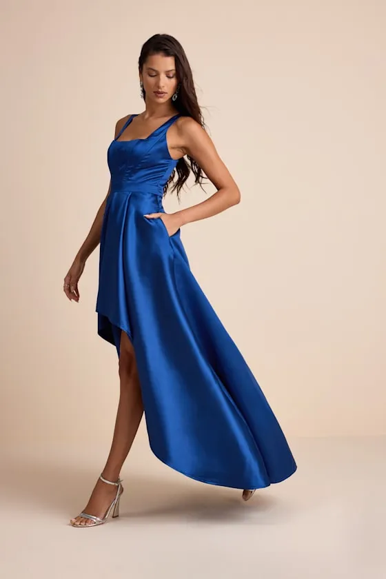 Wisola Blue Taffeta Pleated Corset High-Low Maxi Dress sold by Lulus product image thumbnail 4