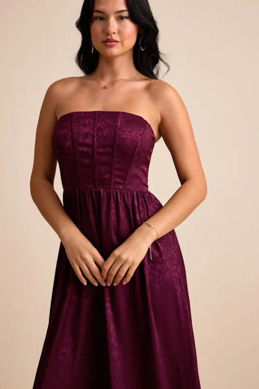 Venita Plum Floral Jacquard Satin Bustier Maxi Dress sold by Lulus