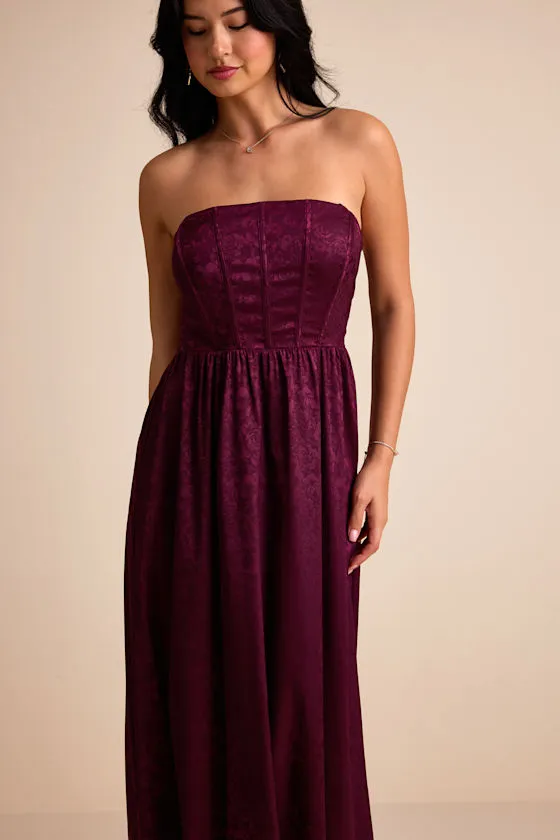 Venita Plum Floral Jacquard Satin Bustier Maxi Dress sold by Lulus product image thumbnail 3