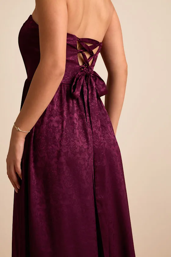 Venita Plum Floral Jacquard Satin Bustier Maxi Dress sold by Lulus product image thumbnail 4