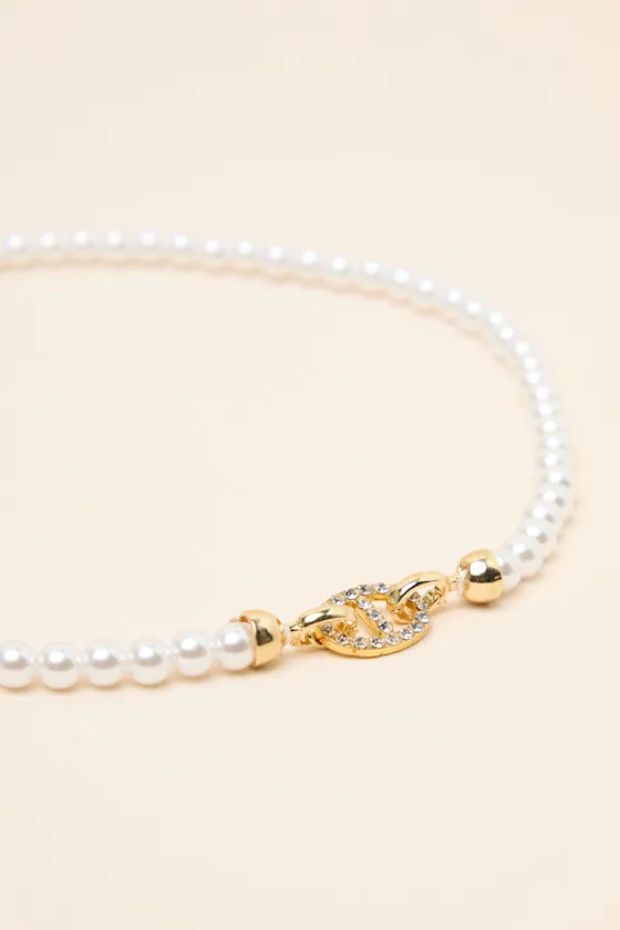 Zelda White Pearl Rhinestone Choker Necklace sold by Lulus product image thumbnail 2