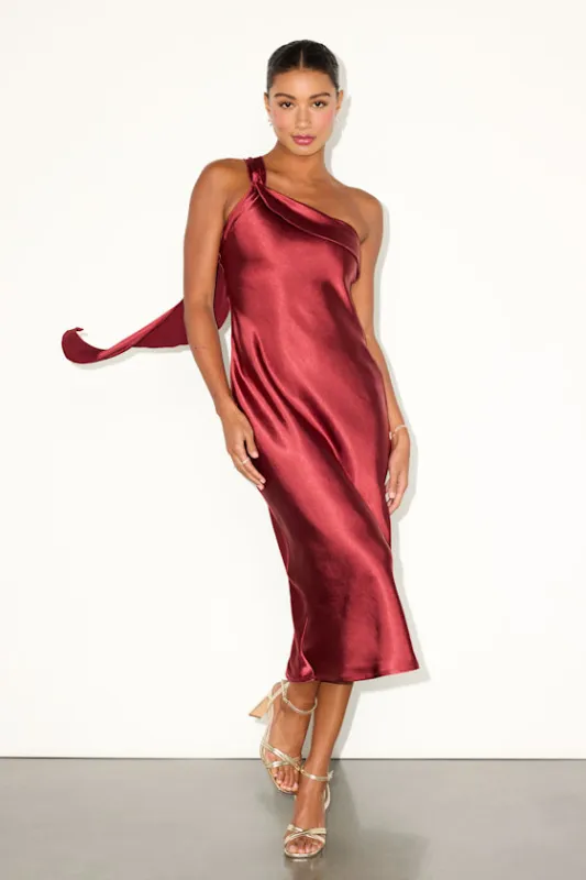 Naima Rust Red Satin One-Shoulder Midi Dress sold by Lulus
