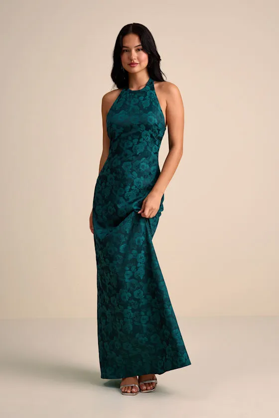 Alaria Emerald Satin Jacquard Halter Neck Maxi Dress sold by Lulus