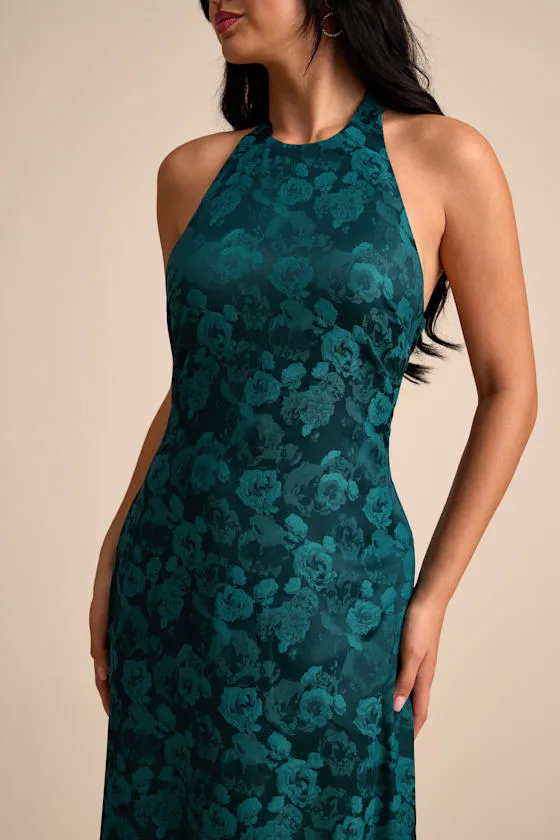 Alaria Emerald Satin Jacquard Halter Neck Maxi Dress sold by Lulus product image thumbnail 2