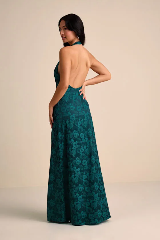 Alaria Emerald Satin Jacquard Halter Neck Maxi Dress sold by Lulus product image thumbnail 3