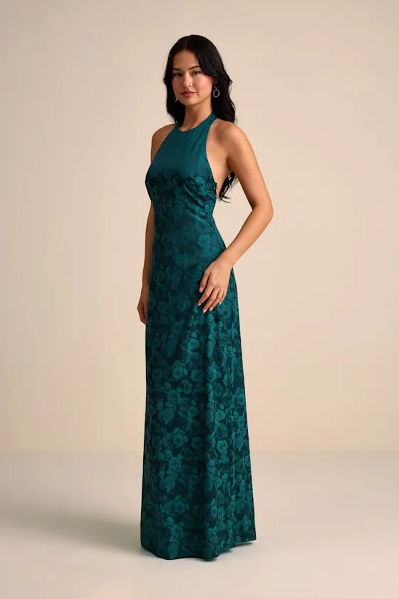 Alaria Emerald Satin Jacquard Halter Neck Maxi Dress sold by Lulus product image thumbnail 4