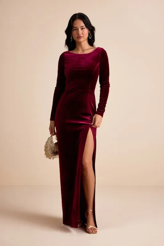 Duarte Burgundy Velvet Cowl Back Long Sleeve Maxi Dress sold by Lulus