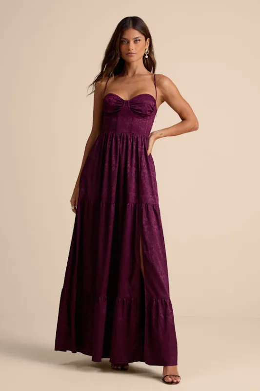 Vasilia Plum Purple Satin Jacquard Tiered Corset Maxi Dress sold by Lulus