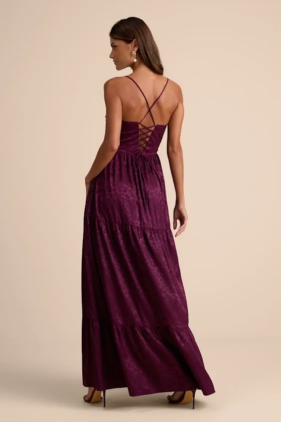 Vasilia Plum Purple Satin Jacquard Tiered Corset Maxi Dress sold by Lulus product image thumbnail 3