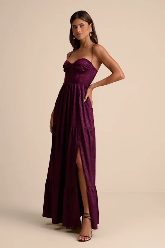 Vasilia Plum Purple Satin Jacquard Tiered Corset Maxi Dress sold by Lulus product image thumbnail 4