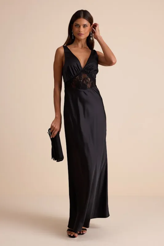 Toulouse Black Satin Lace Maxi Dress sold by Lulus