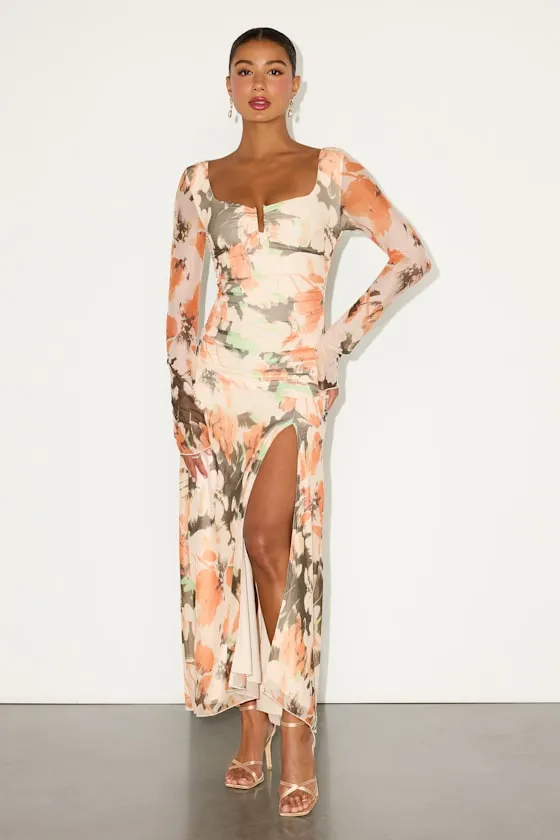 Catlin Cream Multi Floral Mesh Long Sleeve Maxi Dress sold by Lulus