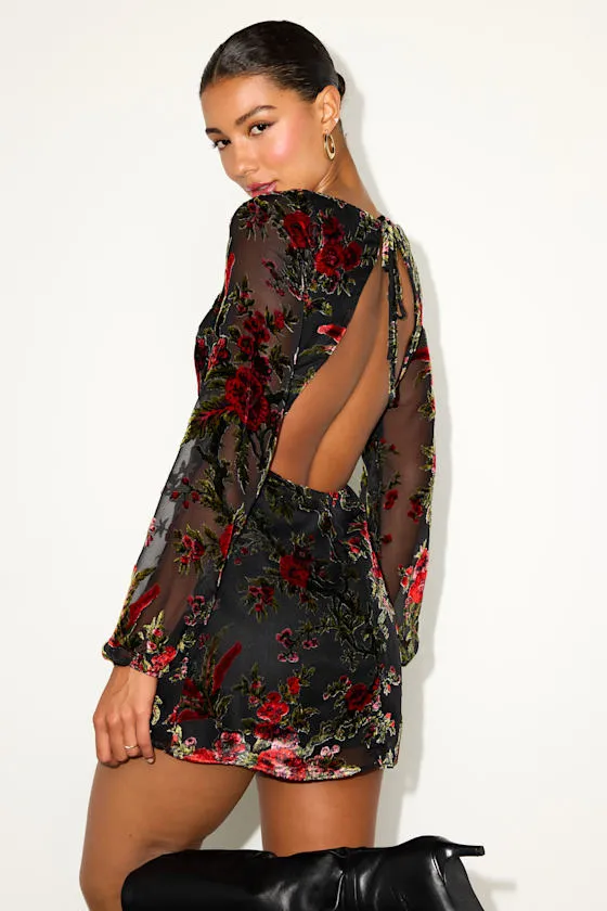 Marwella Black Burnout Velvet Backless Long Sleeve Mini Dress sold by Lulus product image thumbnail 3