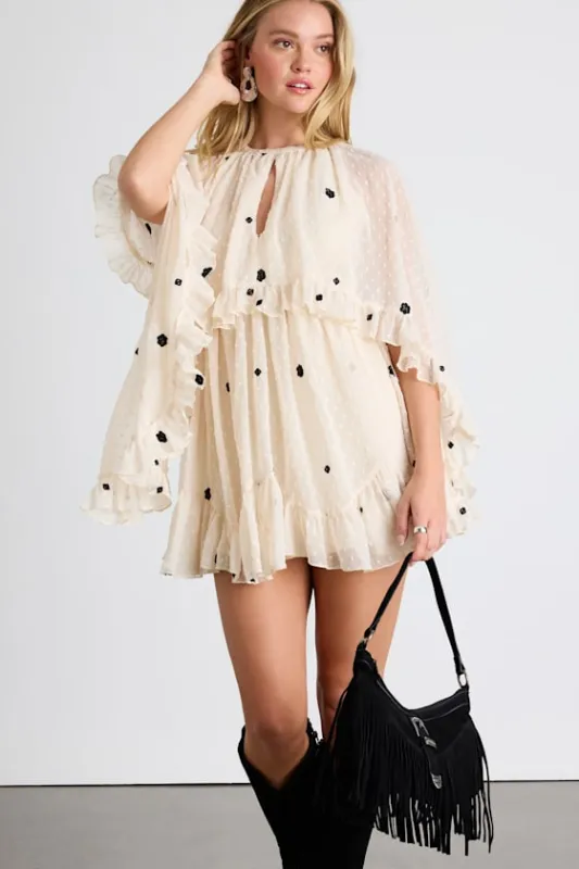 Rhozie Cream Embroidered Swiss Dot Cape Sleeve Tiered Mini Dress sold by Lulus