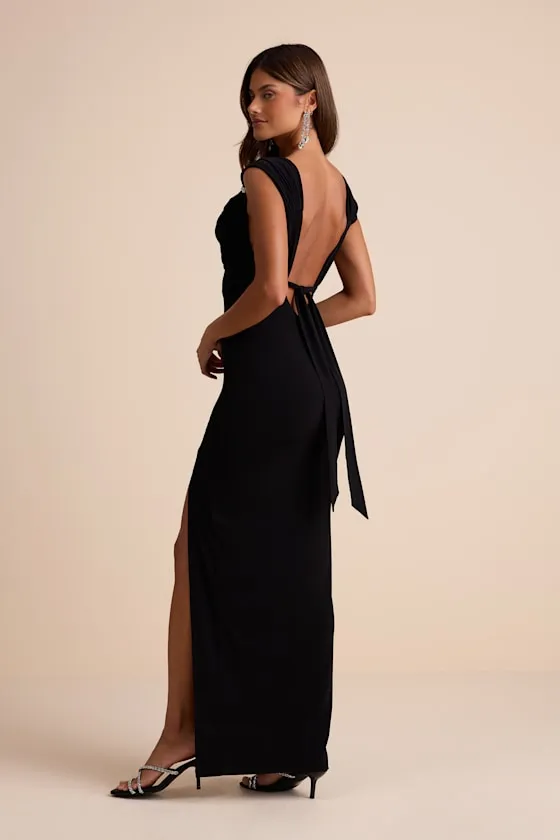 Vega Black Jersey Knit Rhinestone Cowl Neck Maxi Dress sold by Lulus product image thumbnail 3