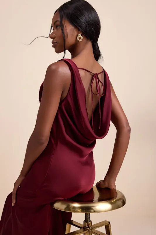 Aernah Wine Red Satin Cowl Tie-Back Slip Maxi Dress sold by Lulus