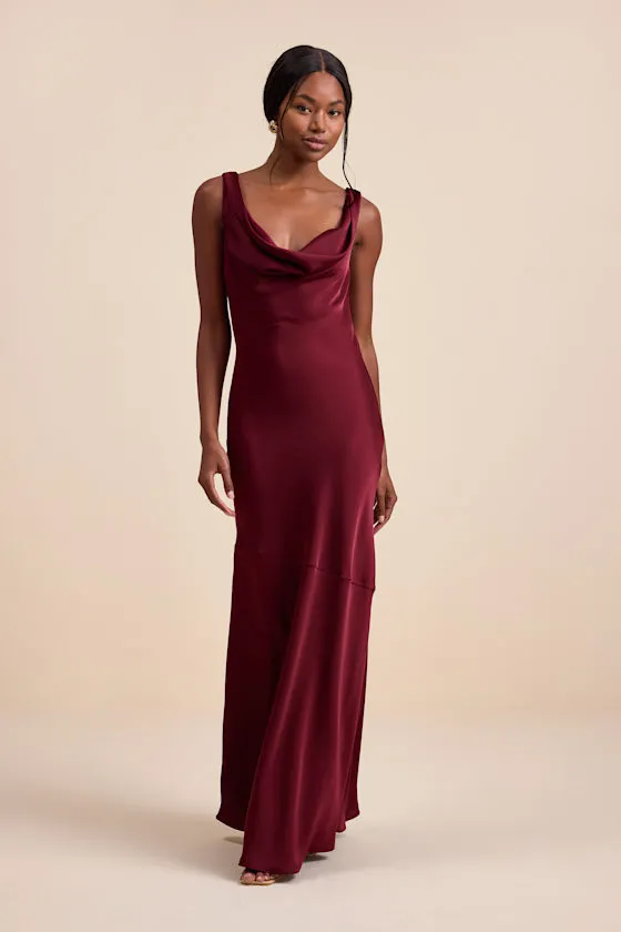 Aernah Wine Red Satin Cowl Tie-Back Slip Maxi Dress sold by Lulus product image thumbnail 2