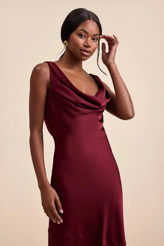Aernah Wine Red Satin Cowl Tie-Back Slip Maxi Dress sold by Lulus product image thumbnail 3