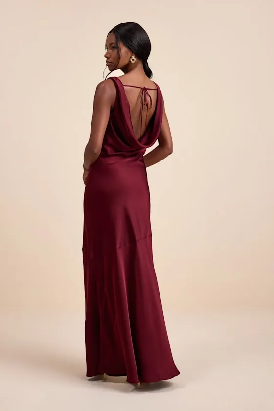 Aernah Wine Red Satin Cowl Tie-Back Slip Maxi Dress sold by Lulus product image thumbnail 4