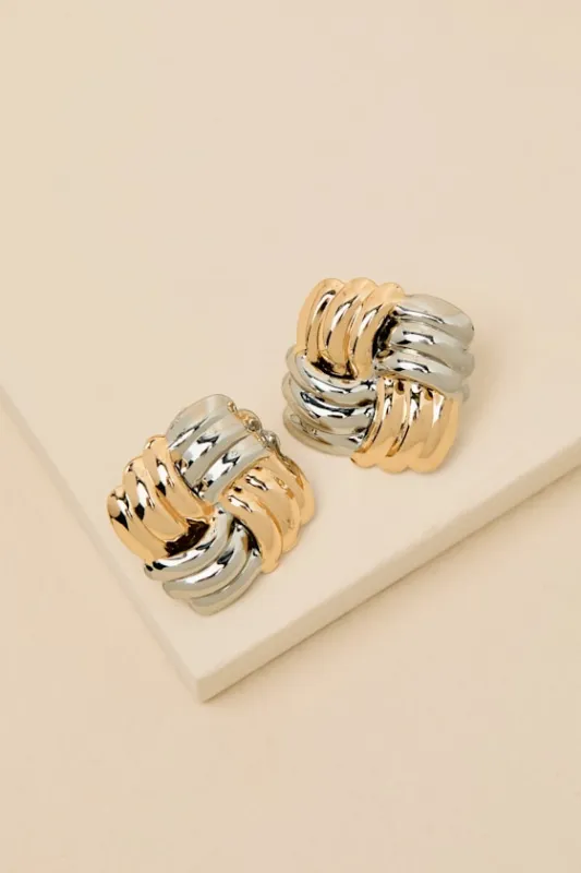 Tremaine Gold and Silver Twisted Square Stud Earrings sold by Lulus