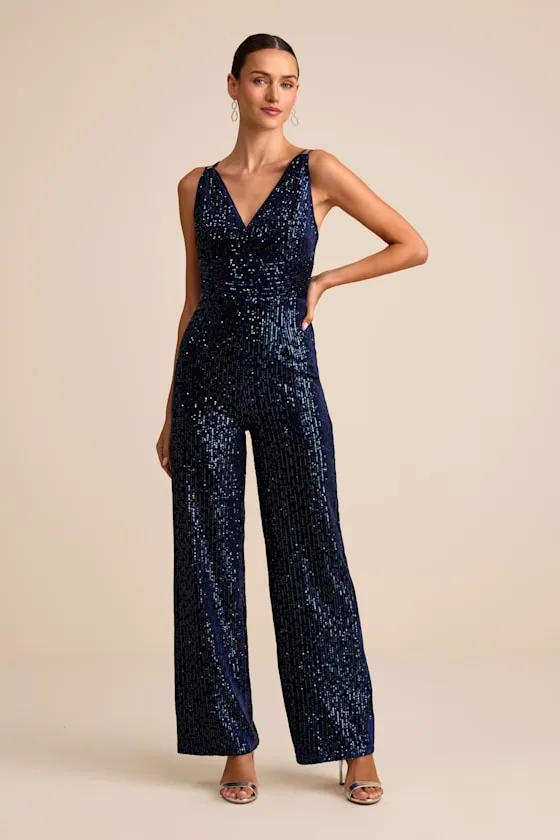 Sensational Energy Navy Velvet Sequin Backless Jumpsuit sold by Lulus