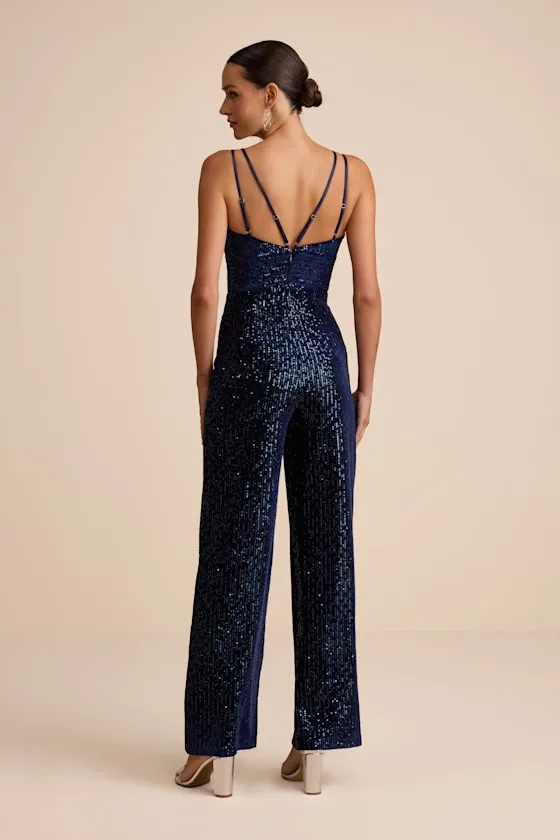 Sensational Energy Navy Velvet Sequin Backless Jumpsuit sold by Lulus product image thumbnail 3