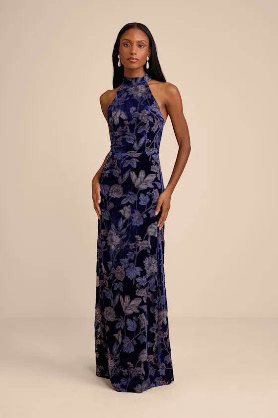 Amberline Navy Velvet Burnout Halter Maxi Dress sold by Lulus
