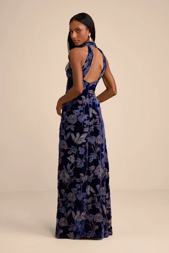 Amberline Navy Velvet Burnout Halter Maxi Dress sold by Lulus product image thumbnail 3