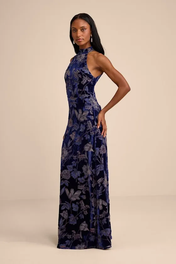 Amberline Navy Velvet Burnout Halter Maxi Dress sold by Lulus product image thumbnail 4