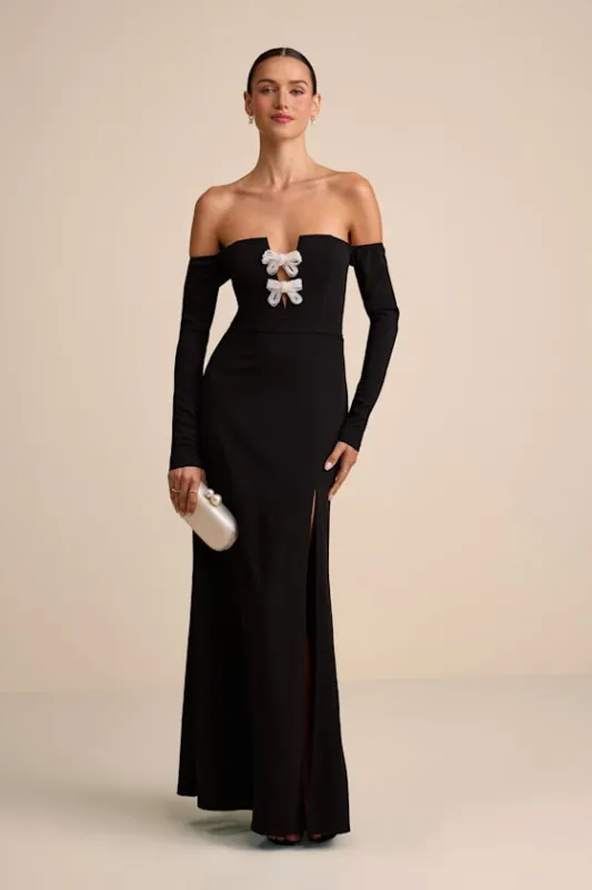 Lawton Black Off-the-Shoulder Notched Bow Maxi Dress made by Lulus