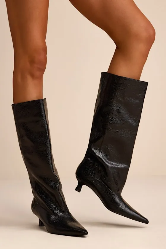 Alexandria Black Distressed Knee-High Kitten Heel Boots sold by Lulus