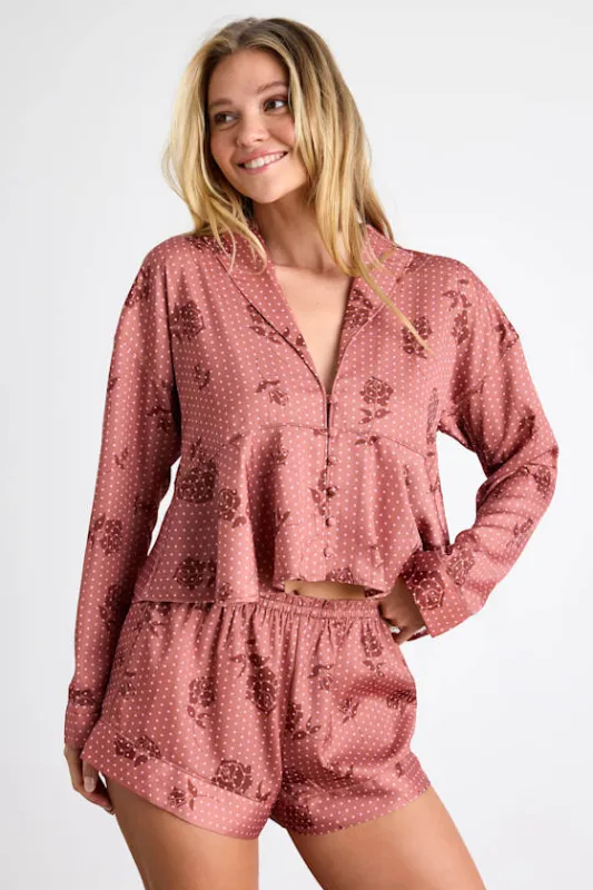 Ellery Rusty Rose Polka Dot Satin Two-Piece Pajama Set sold by Lulus