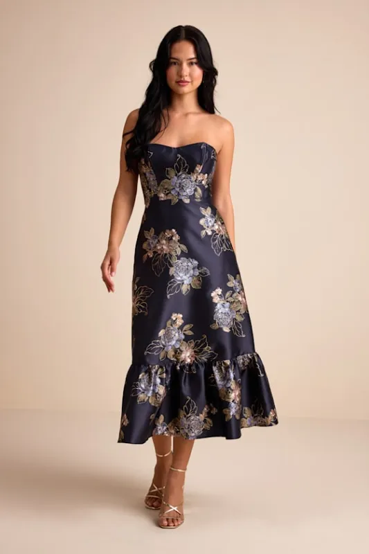 Yashelle Navy Floral Taffeta Strapless Tiered Corset Midi Dress sold by Lulus