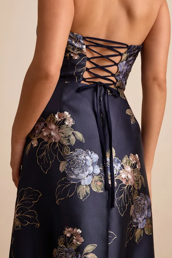Yashelle Navy Floral Taffeta Strapless Tiered Corset Midi Dress sold by Lulus product image thumbnail 2