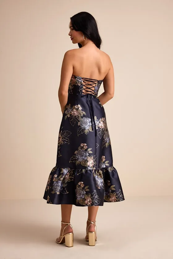 Yashelle Navy Floral Taffeta Strapless Tiered Corset Midi Dress sold by Lulus product image thumbnail 3