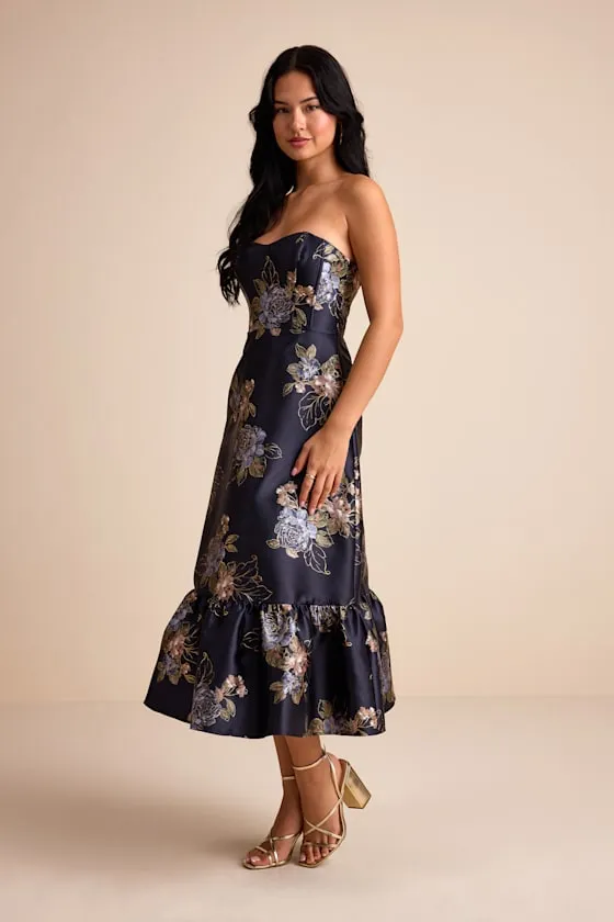 Yashelle Navy Floral Taffeta Strapless Tiered Corset Midi Dress sold by Lulus product image thumbnail 4