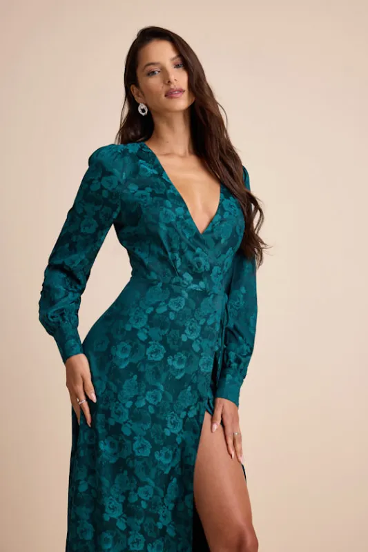 Maryn Teal Green Satin Jacquard Wrap Maxi Dress sold by Lulus