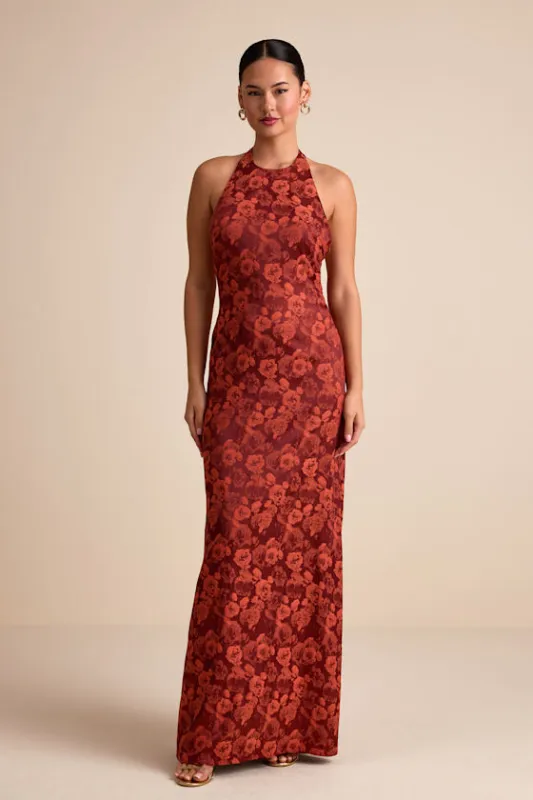 Alaria Rust Satin Jacquard Halter Neck Maxi Dress sold by Lulus