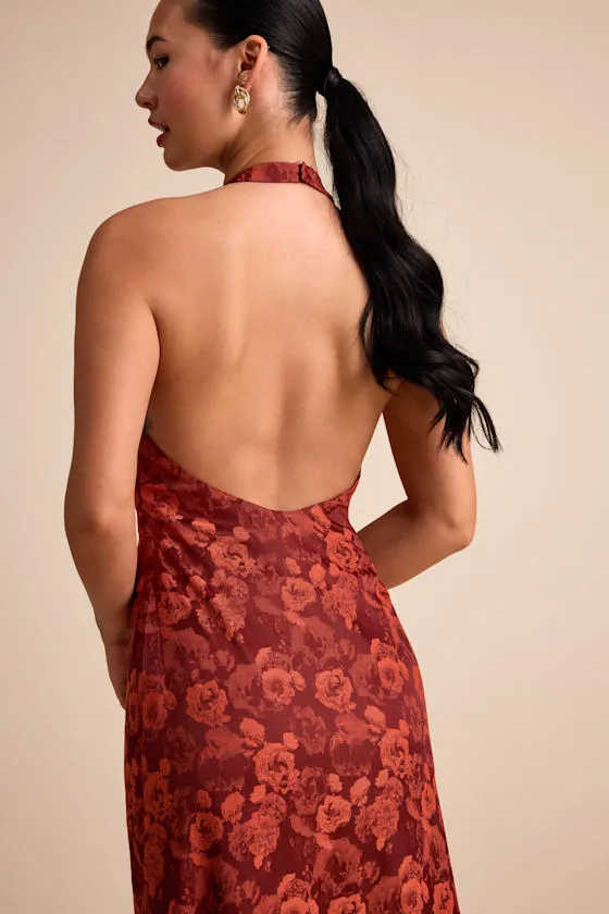 Alaria Rust Satin Jacquard Halter Neck Maxi Dress sold by Lulus product image thumbnail 2