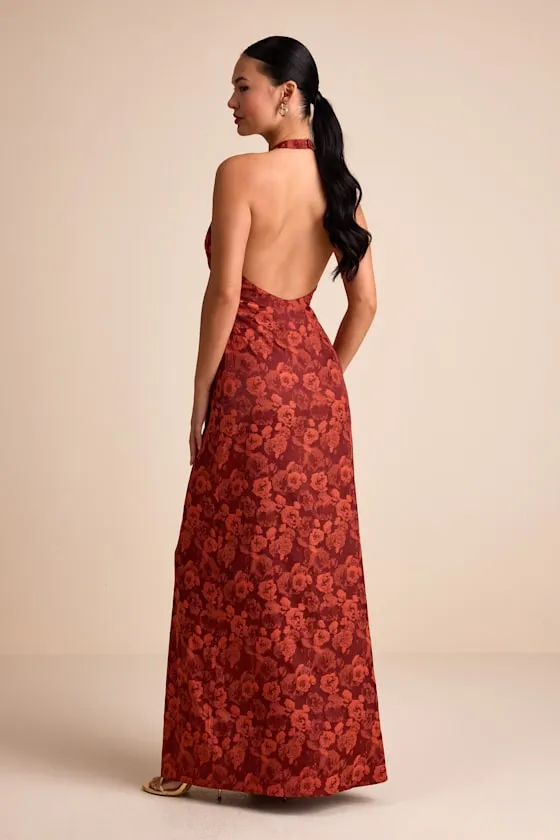 Alaria Rust Satin Jacquard Halter Neck Maxi Dress sold by Lulus product image thumbnail 3