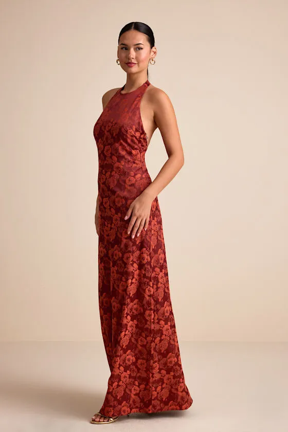 Alaria Rust Satin Jacquard Halter Neck Maxi Dress sold by Lulus product image thumbnail 4