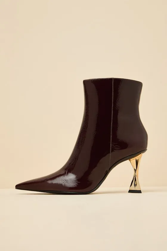 Elisha Maplewood Patent Pointed-Toe Ankle Booties sold by Lulus