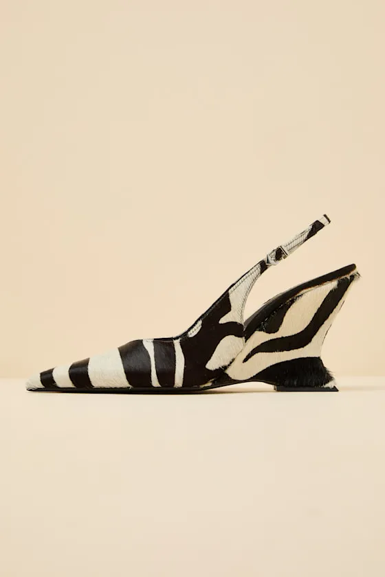 Siena Black and White Zebra Calf Hair Slingback Wedge Pumps sold by Lulus