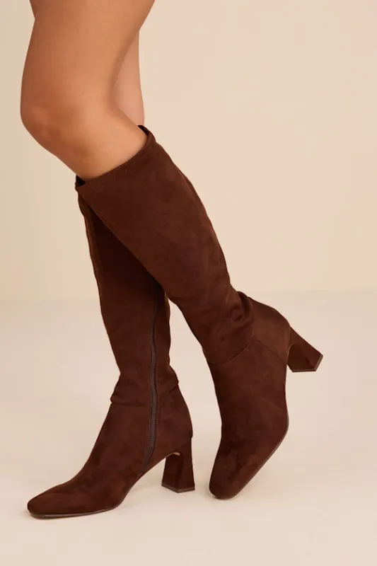 Hunny Brown Square-Toe Knee-High Boots sold by Lulus