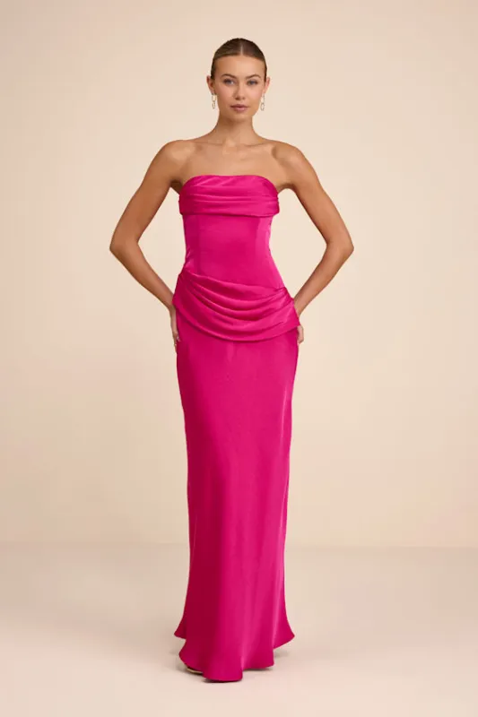 Verbena Magenta Satin Draped Strapless Maxi Dress sold by Lulus