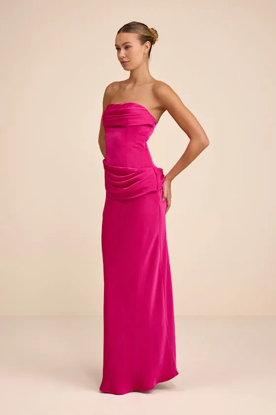 Verbena Magenta Satin Draped Strapless Maxi Dress sold by Lulus product image thumbnail 4