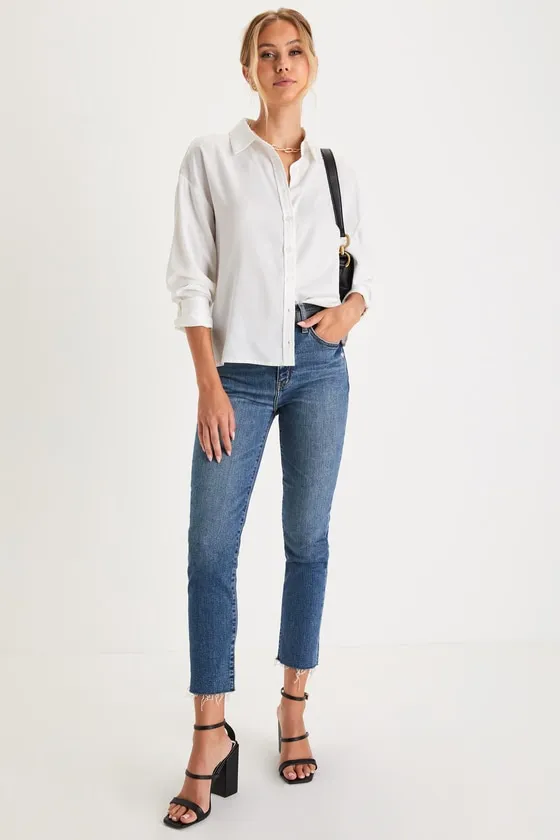 Daily Driver Dark Wash Distressed High-Rise Skinny Jeans sold by Lulus