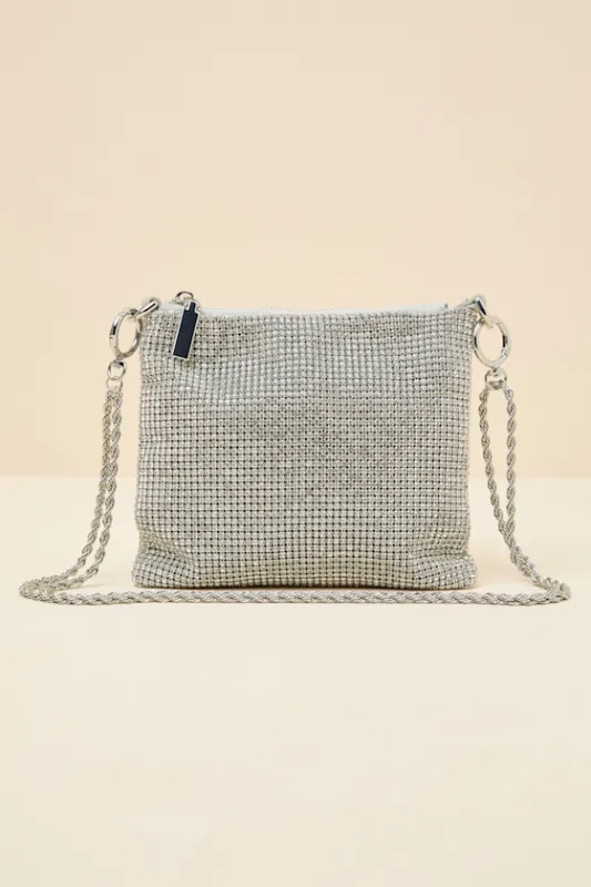 Piper Silver Rhinestone Handle Bag sold by Lulus
