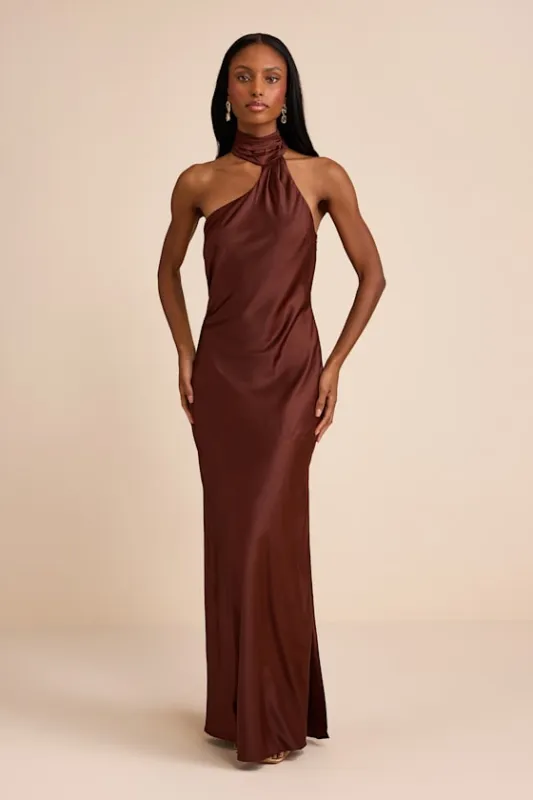 Madalena Dark Brown Satin Cowl Back Maxi Dress sold by Lulus